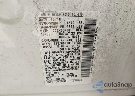 2017 Nissan Rogue Sl z USA, uszkodzony, nr VIN JN8AT2MV8HW250080